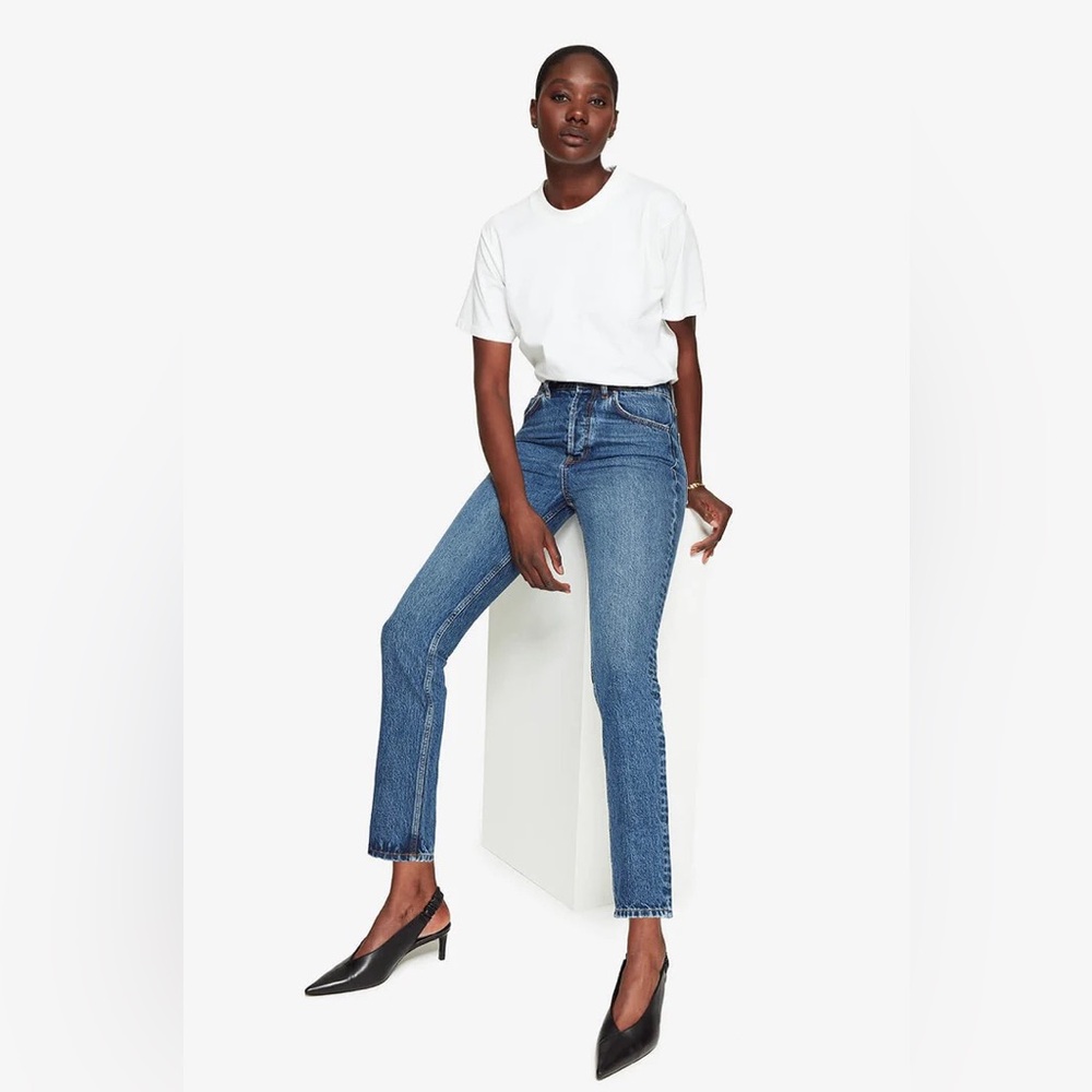 Anine Bing High-Rise Slim Straight Jeans in Medium Blue Wash Sz 26